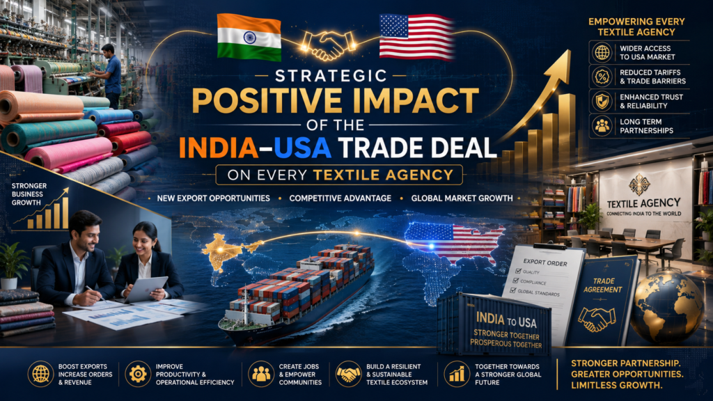 "Strategic positive impact of the India–USA trade deal on textile agencies, featuring textile manufacturing, export logistics, global trade routes, business growth charts, and India–USA textile partnership."
